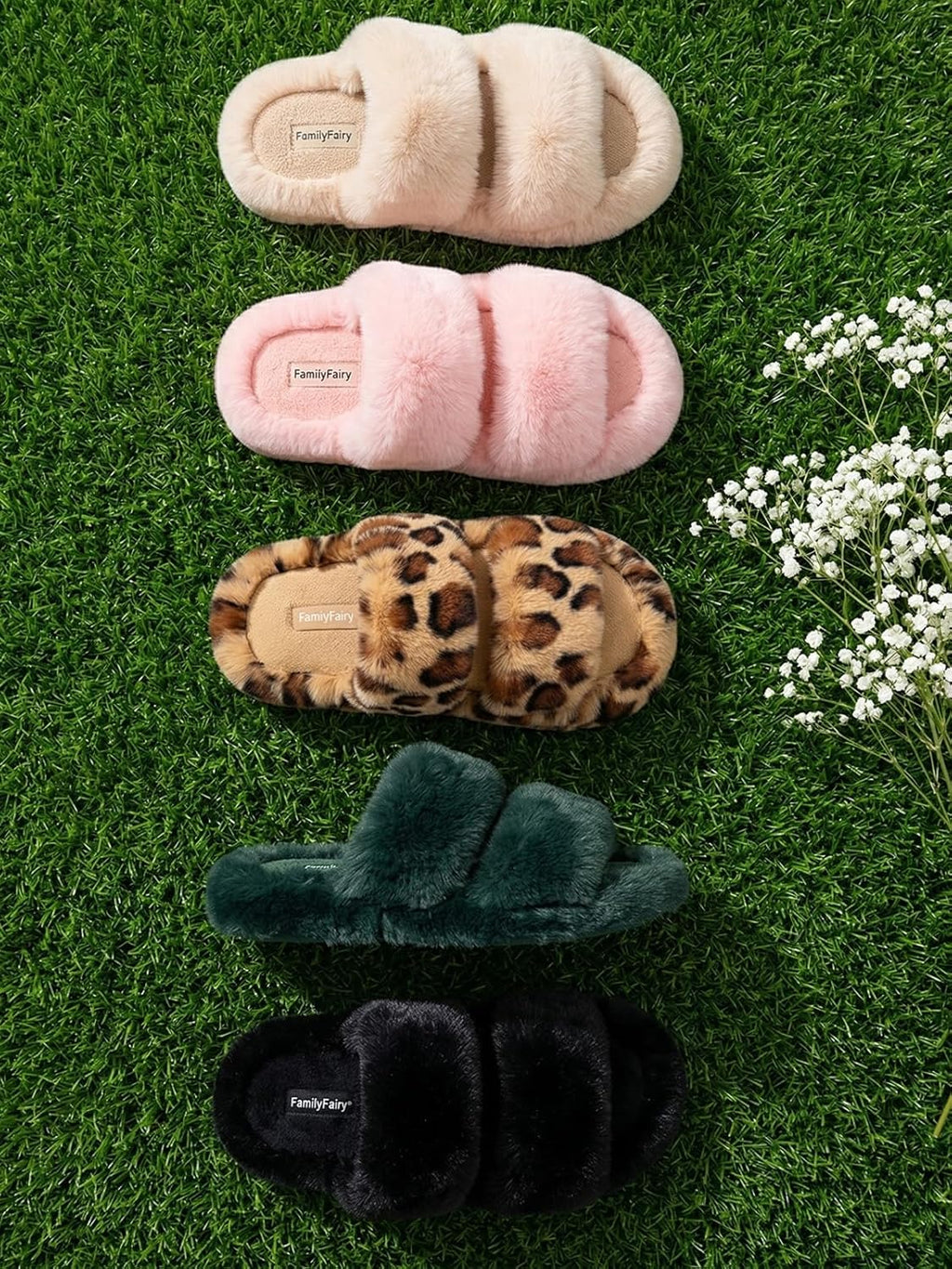 Women'S Fluffy Faux Fur Slippers Comfy Open Toe Two Band Slides with Fleece Lining and Rubber Sole