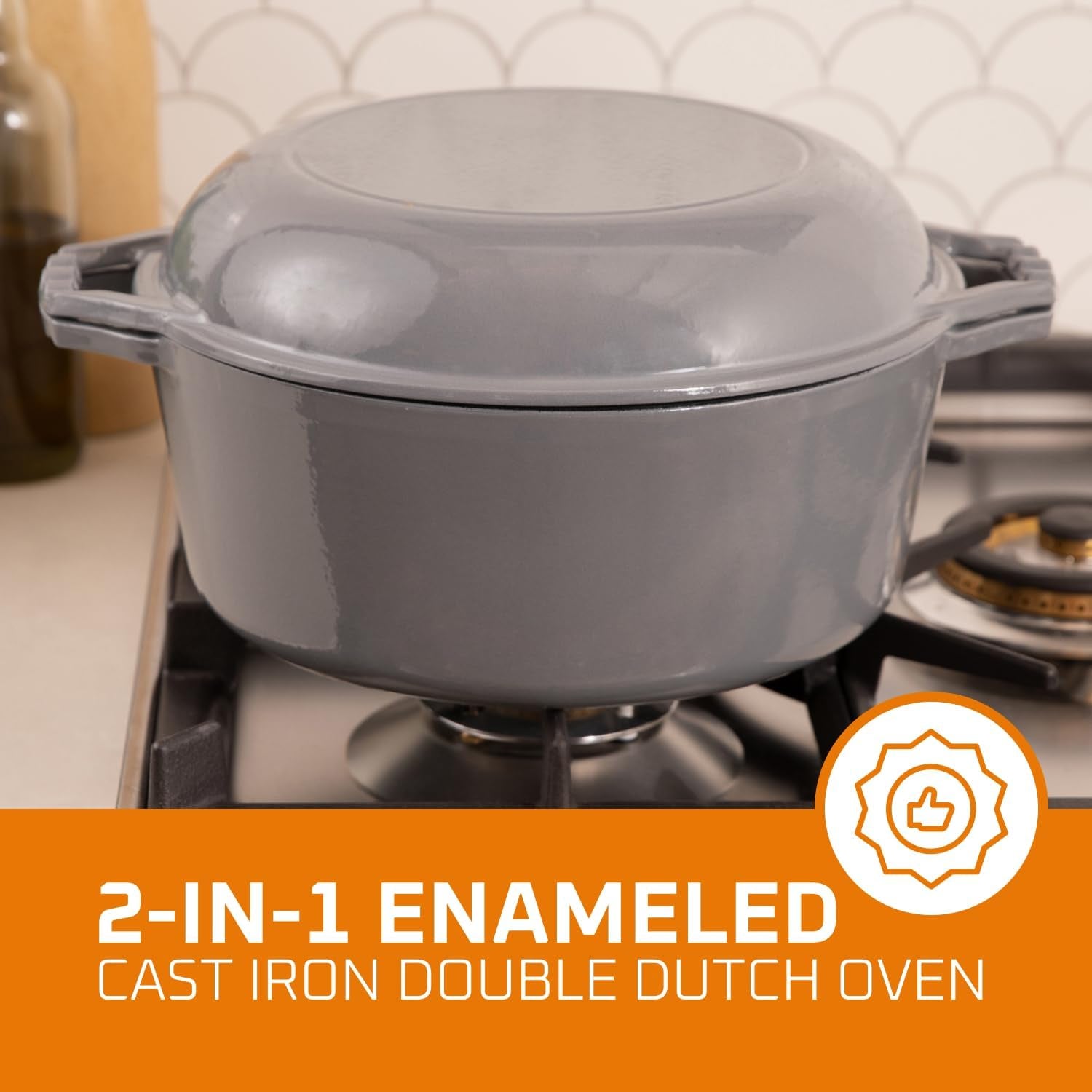 2-In-1 Enamel Cast Iron Dutch Oven with Handles - Crock Pot Grey Cast Iron Pot with Skillet Lid - All-In-One Cookware Braising Pan for Casserole Dish - 7 Quart, Grey