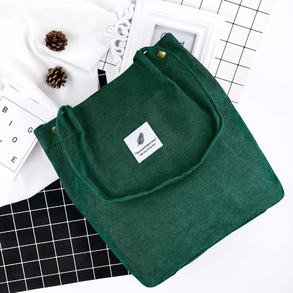 Corduroy Tote Bag with Inner Pocket Large (Green)