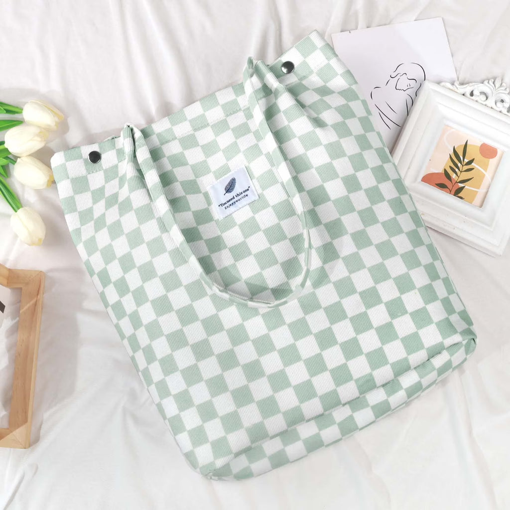 Corduroy Tote Bag (Mint Green Grid)