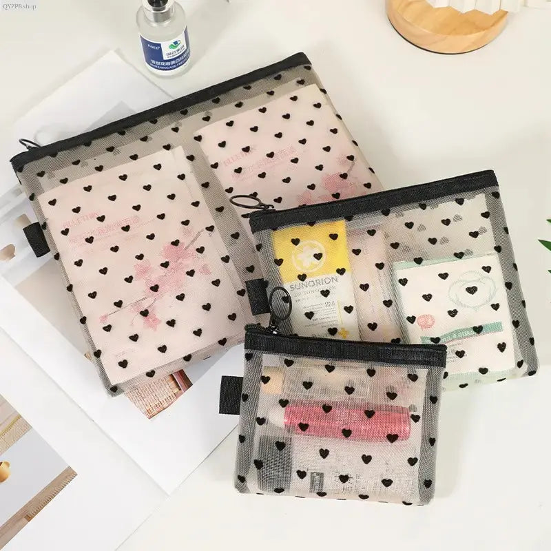 Women'S Casual Black-5 Pcs Makeup Bag Set, Clear Mesh Heart-Pattern Cosmetic Organizer Pouches, Zippered Lightweight Purse Accessories - inside Girly Purse Storage for Bathroom, Travel