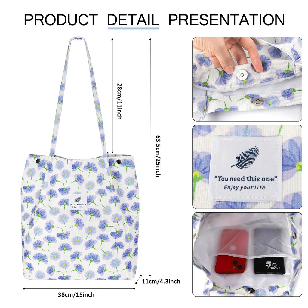 Corduroy Tote Bag (Blue Floral)