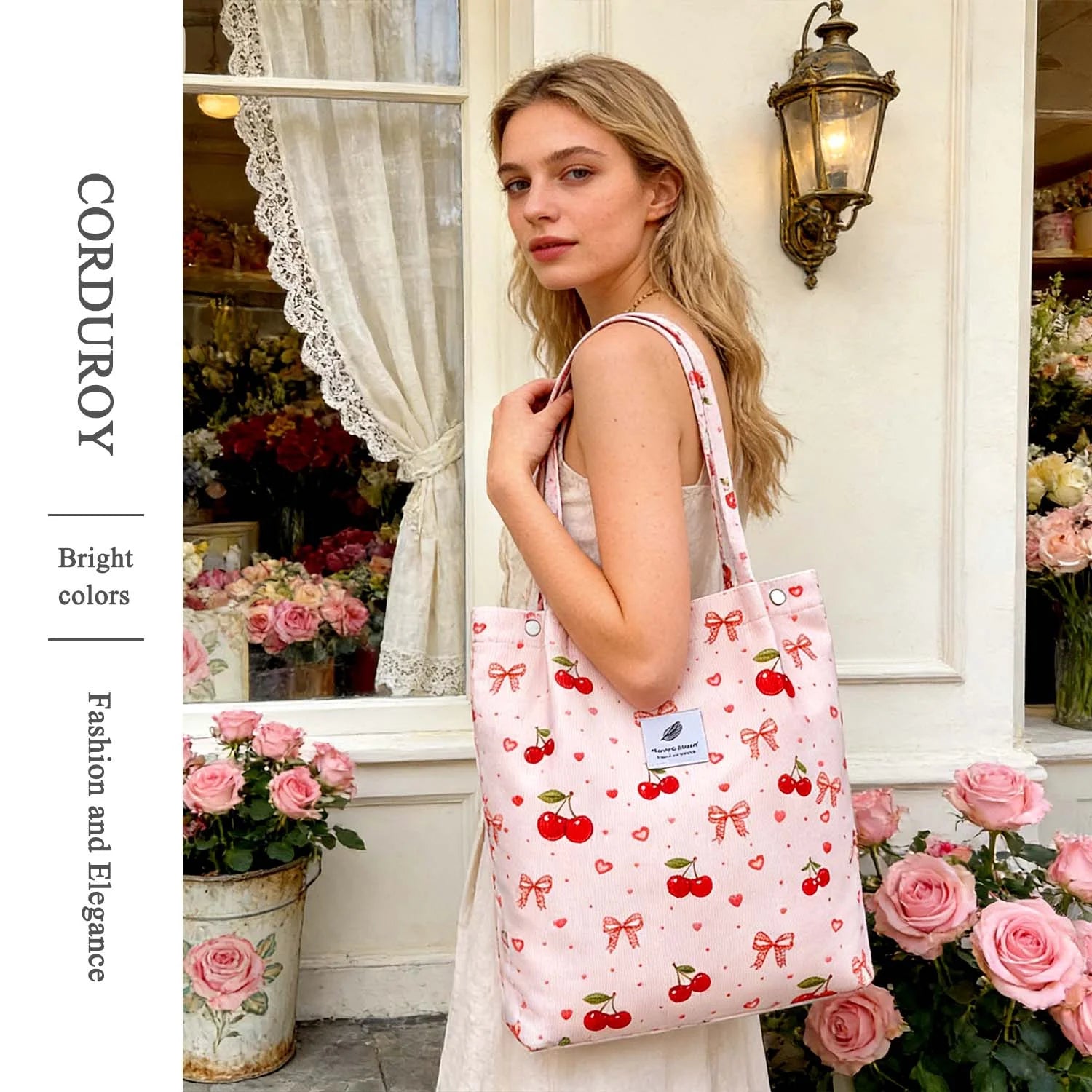 Corduroy Tote Bag(Cherry Bow)