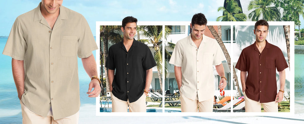 Men Linen Shirts Casual Short Sleeve Button down Shirts for Men Beach Tops with Pocket