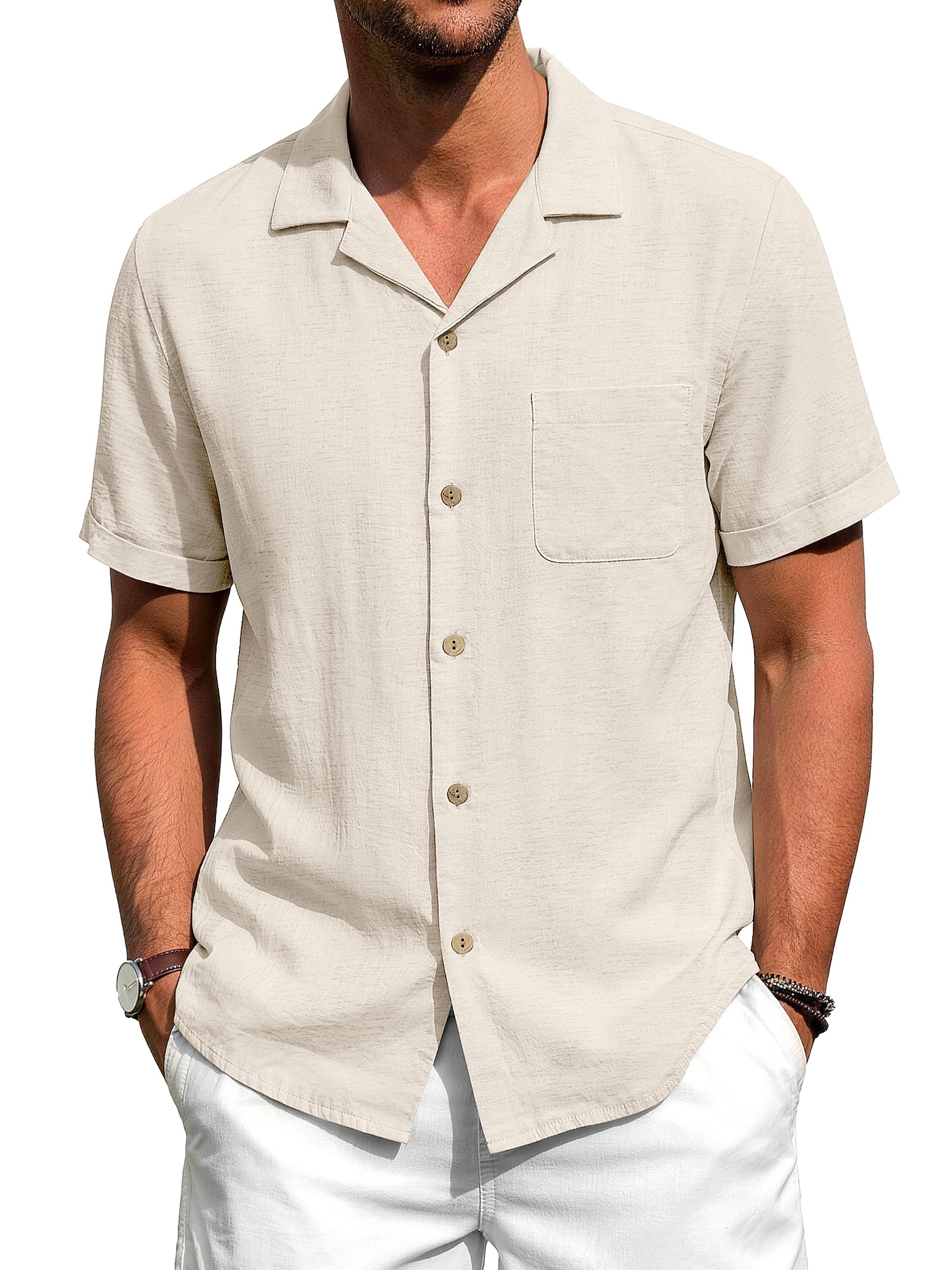 Men Linen Shirts Casual Short Sleeve Button down Shirts for Men Beach Tops with Pocket