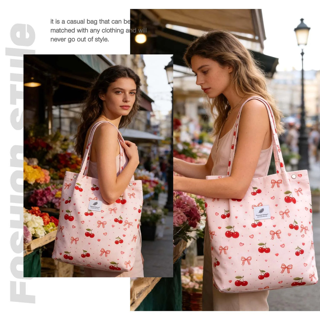 Corduroy Tote Bag(Cherry Bow)