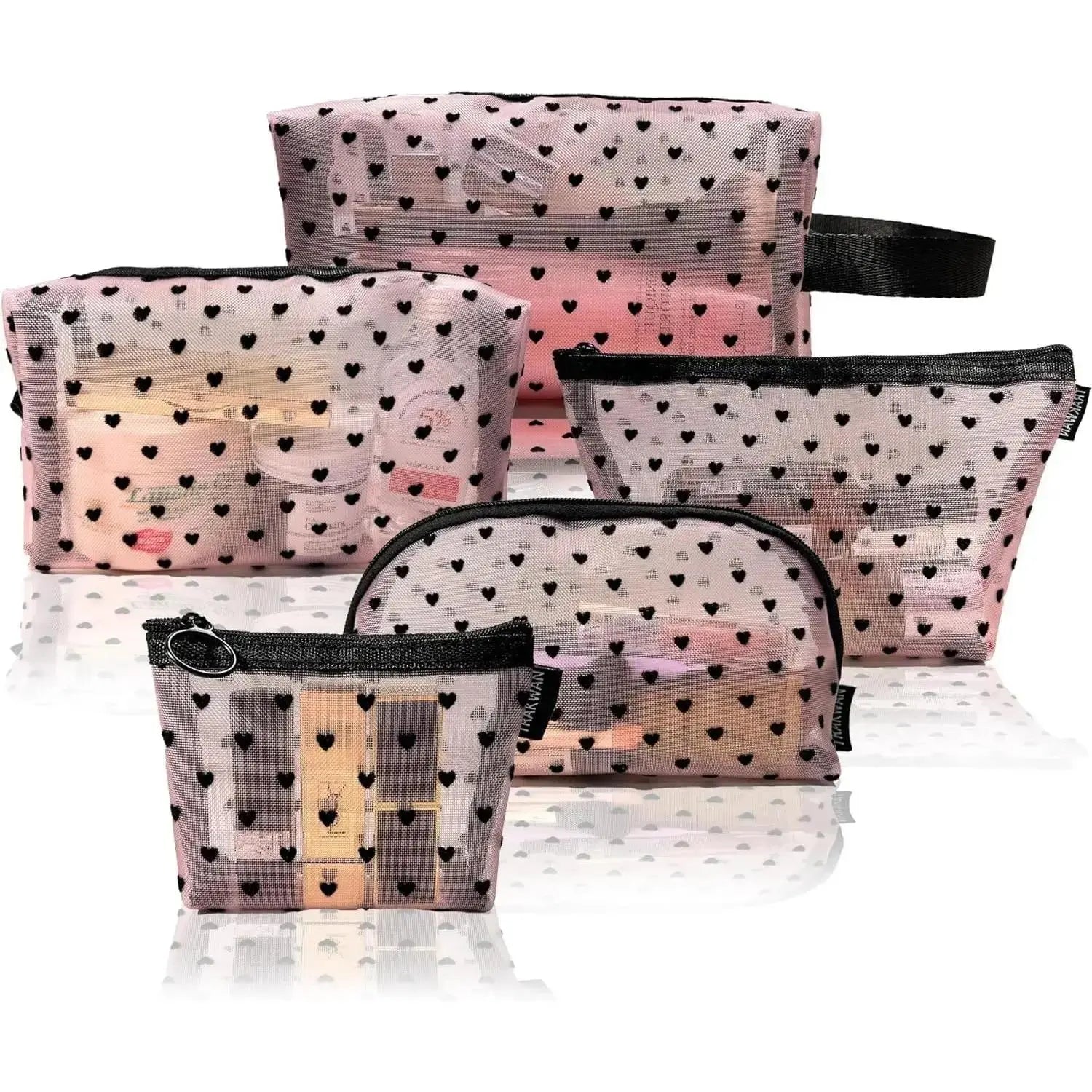 Women'S Casual Black-5 Pcs Makeup Bag Set, Clear Mesh Heart-Pattern Cosmetic Organizer Pouches, Zippered Lightweight Purse Accessories - inside Girly Purse Storage for Bathroom, Travel