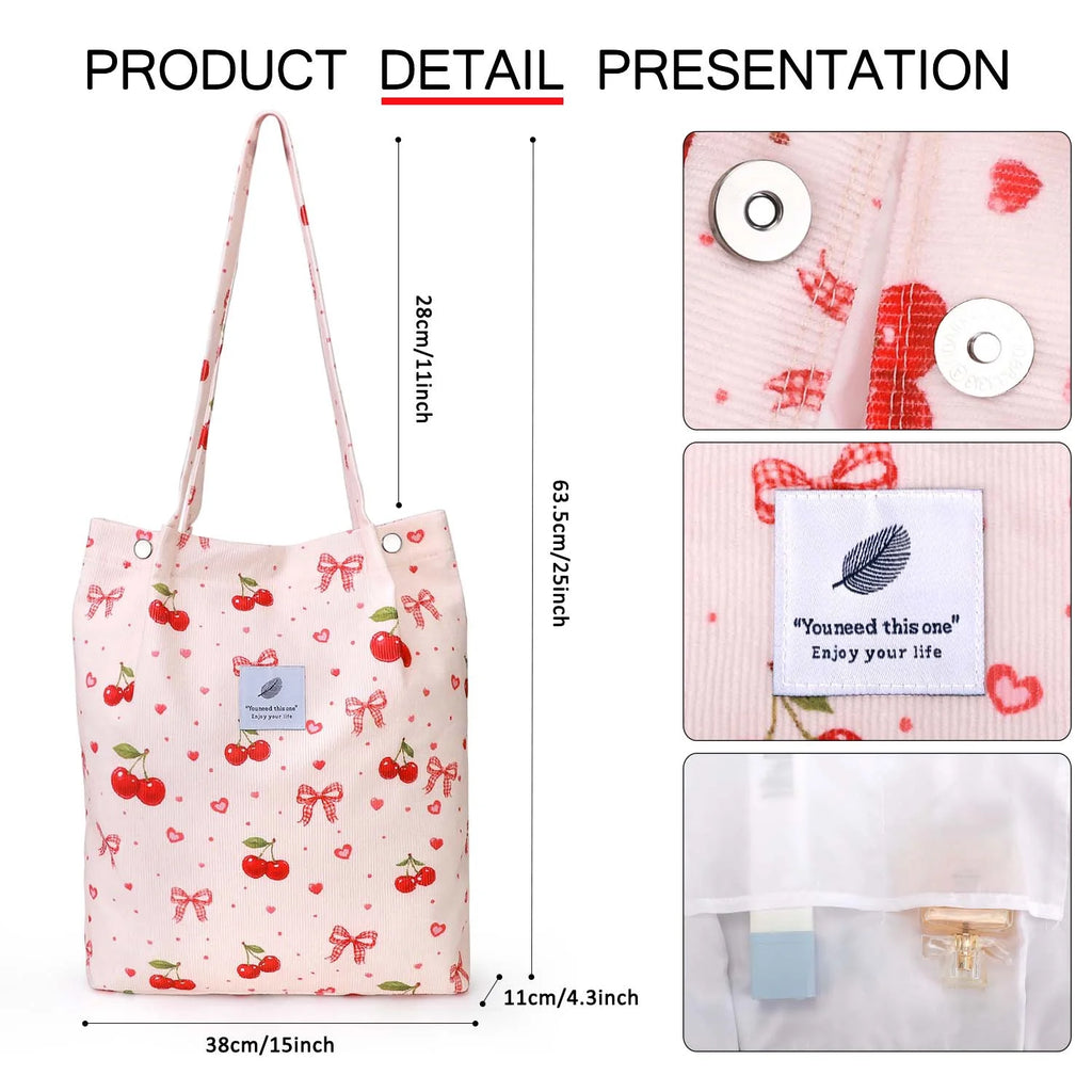 Corduroy Tote Bag(Cherry Bow)