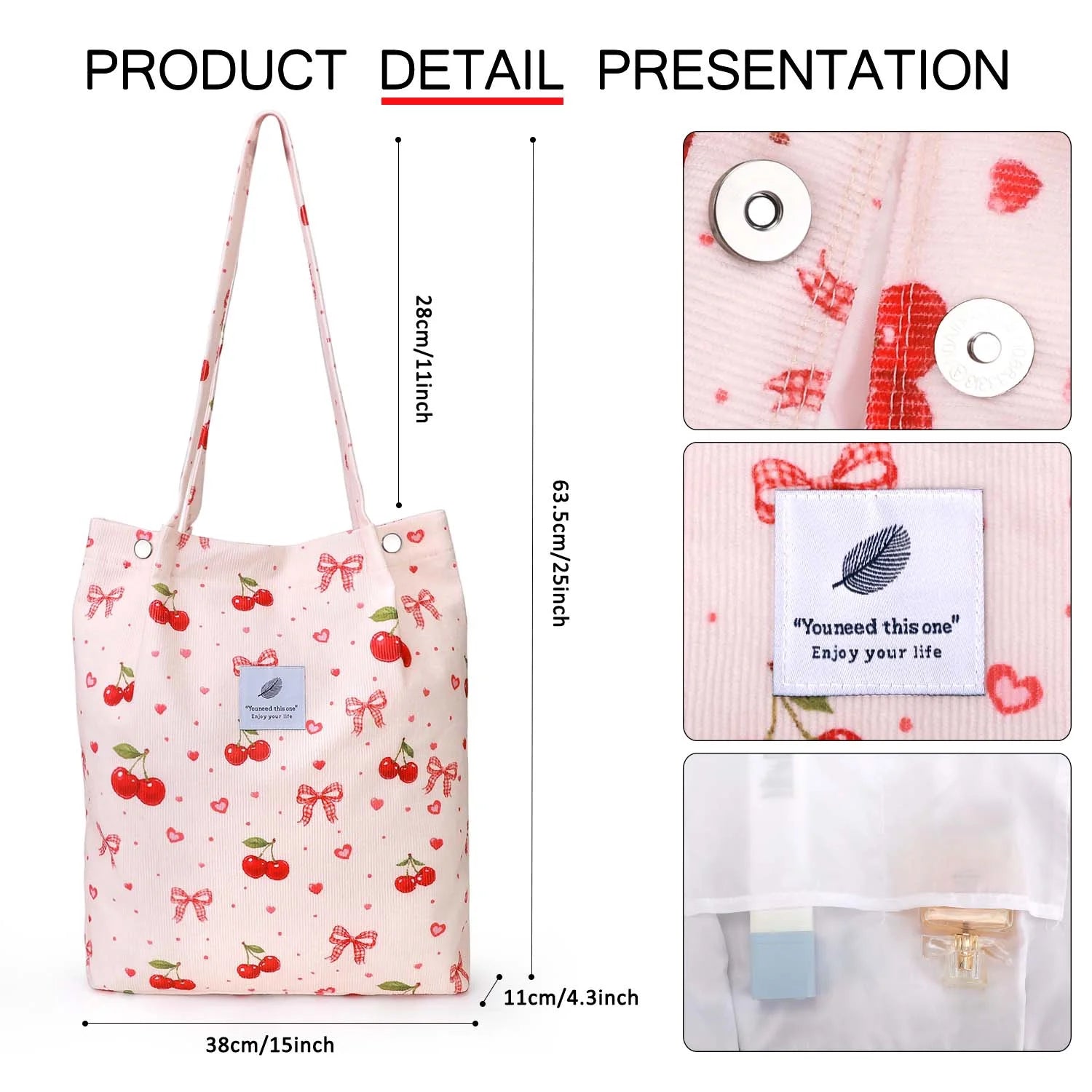 Corduroy Tote Bag(Cherry Bow)