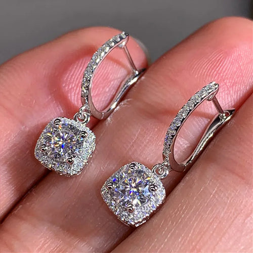 18K White Gold Plated Square Shape Cubic Zirconia Clip on Earrings