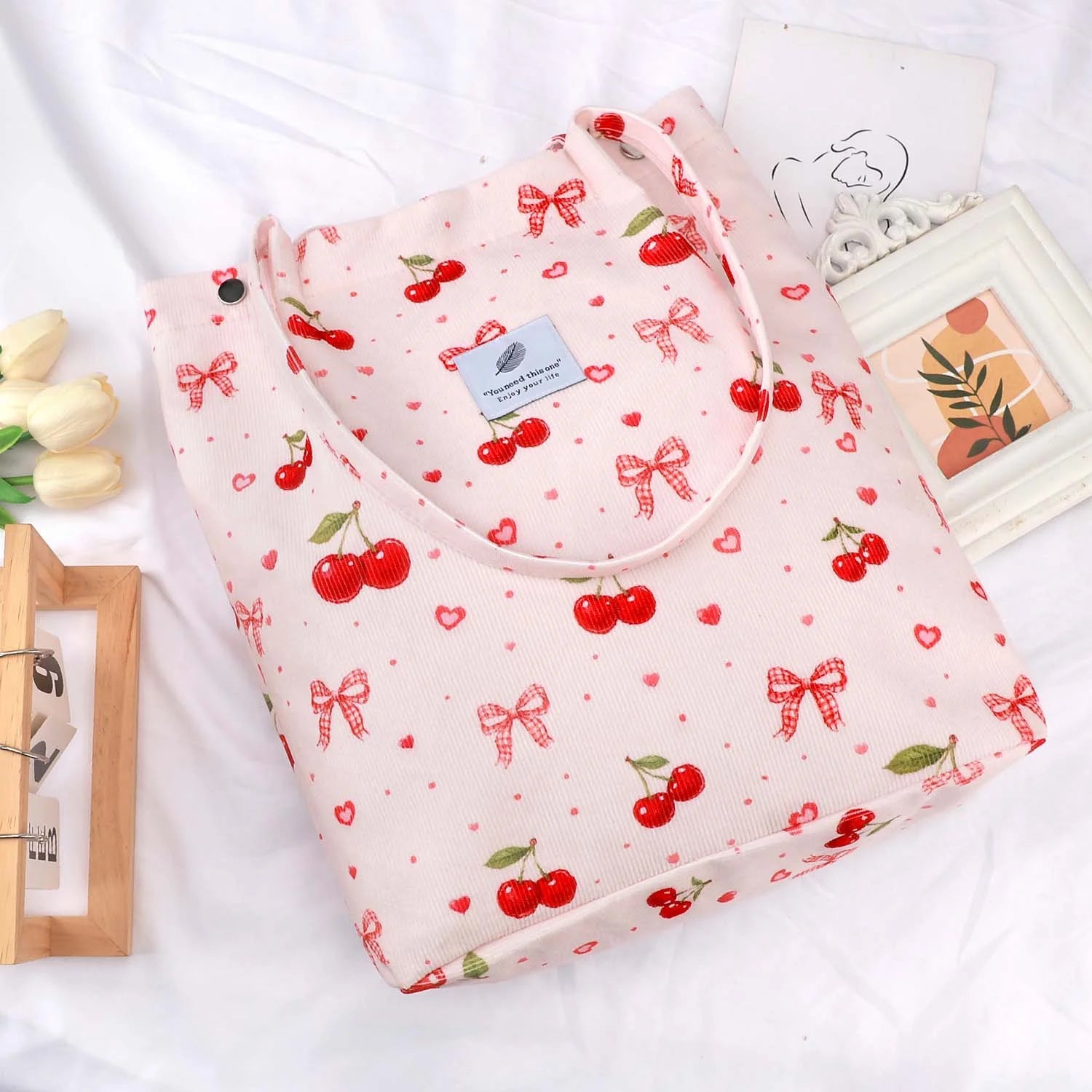 Corduroy Tote Bag(Cherry Bow)