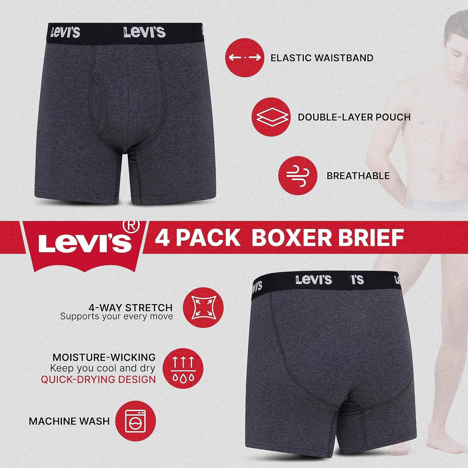 Mens Boxer Briefs Breathable Stretch Underwear 4 Pack