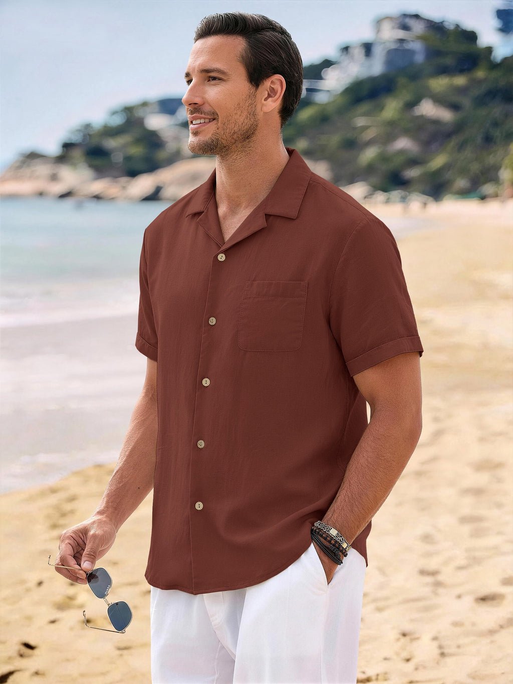 Men Linen Shirts Casual Short Sleeve Button down Shirts for Men Beach Tops with Pocket