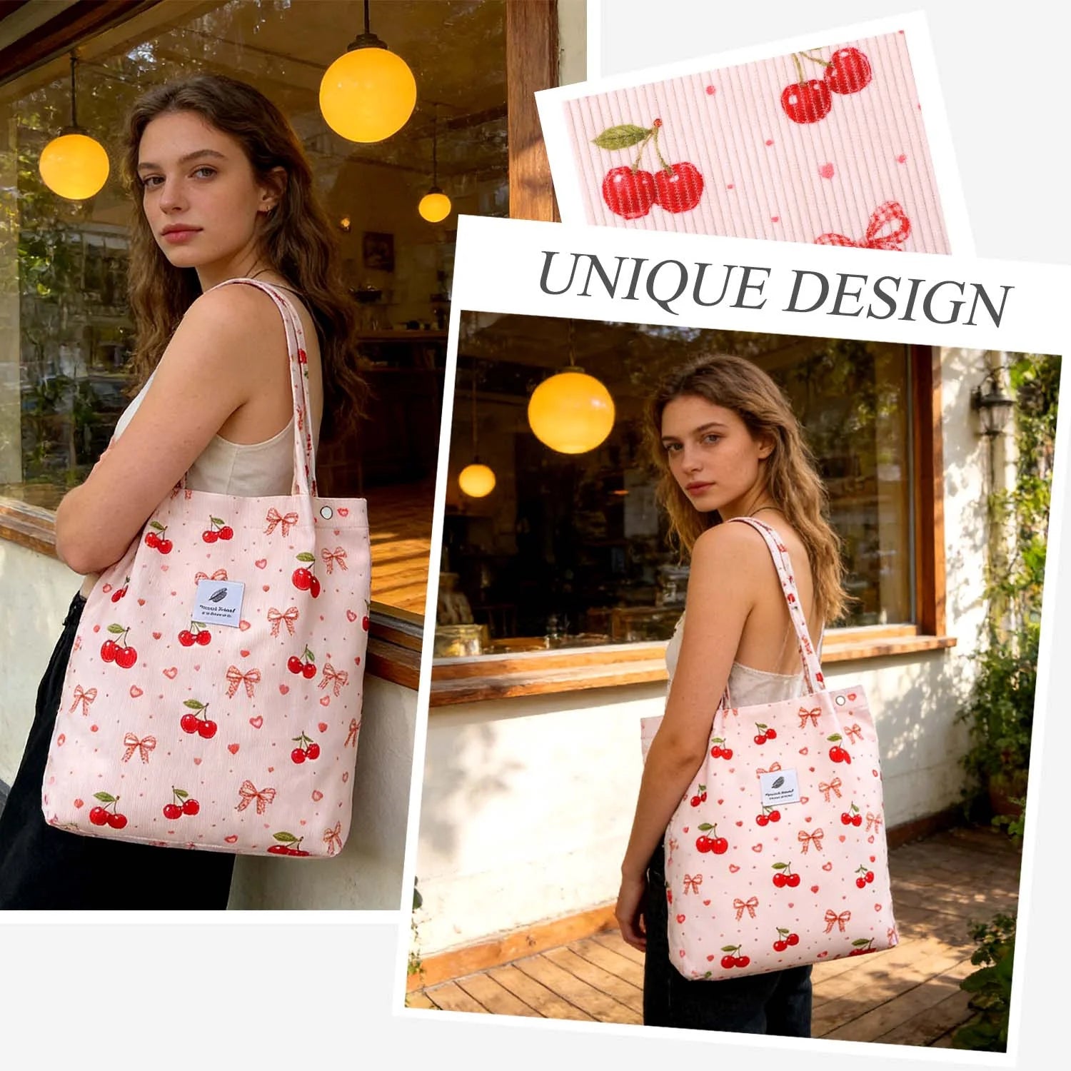 Corduroy Tote Bag(Cherry Bow)