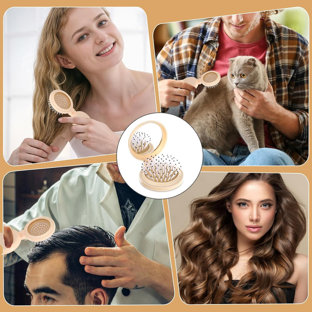 Mini Hair Brush with Mirror Travel Size (Beige)