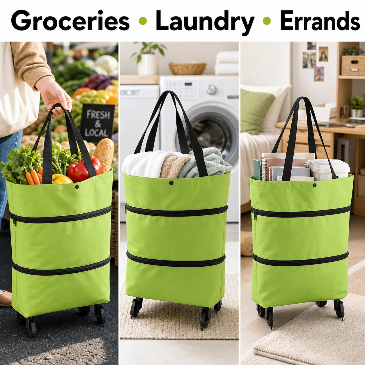 Foldable Rolling Shopping Bag with Wheels, Reusable Grocery Tote Cart, Lightweight Oxford Cloth Shopping Bag with Handles for Groceries, Laundry, Travel and Errands