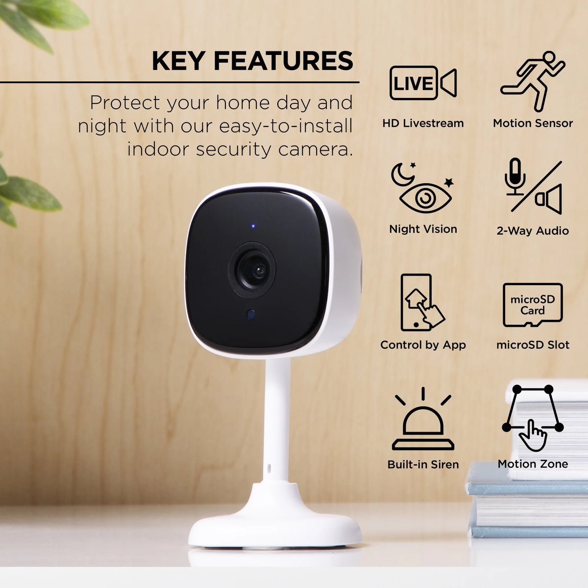 Indoor Camera 1080P - Wi-Fi Security Cam with Night Vision, White (1-Pack)