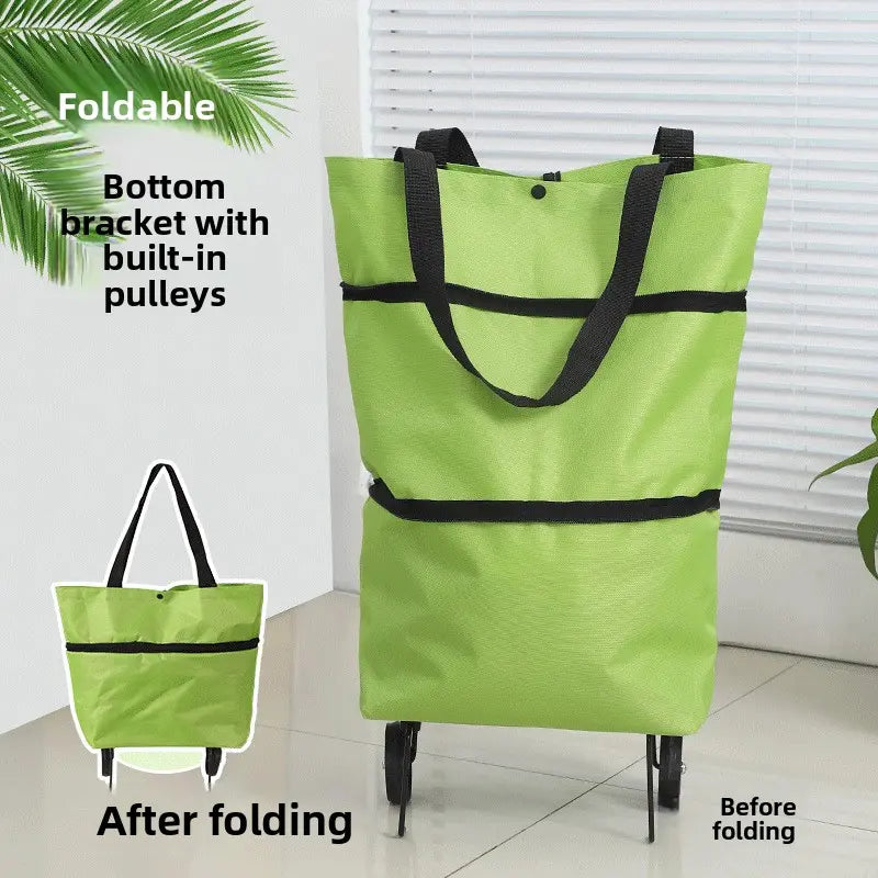 Foldable Rolling Shopping Bag with Wheels, Reusable Grocery Tote Cart, Lightweight Oxford Cloth Shopping Bag with Handles for Groceries, Laundry, Travel and Errands