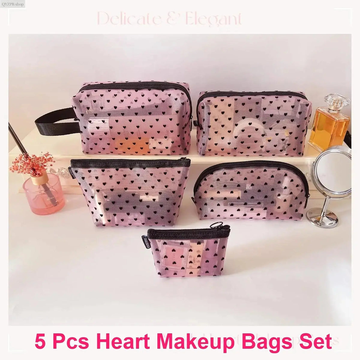 Women'S Casual Black-5 Pcs Makeup Bag Set, Clear Mesh Heart-Pattern Cosmetic Organizer Pouches, Zippered Lightweight Purse Accessories - inside Girly Purse Storage for Bathroom, Travel