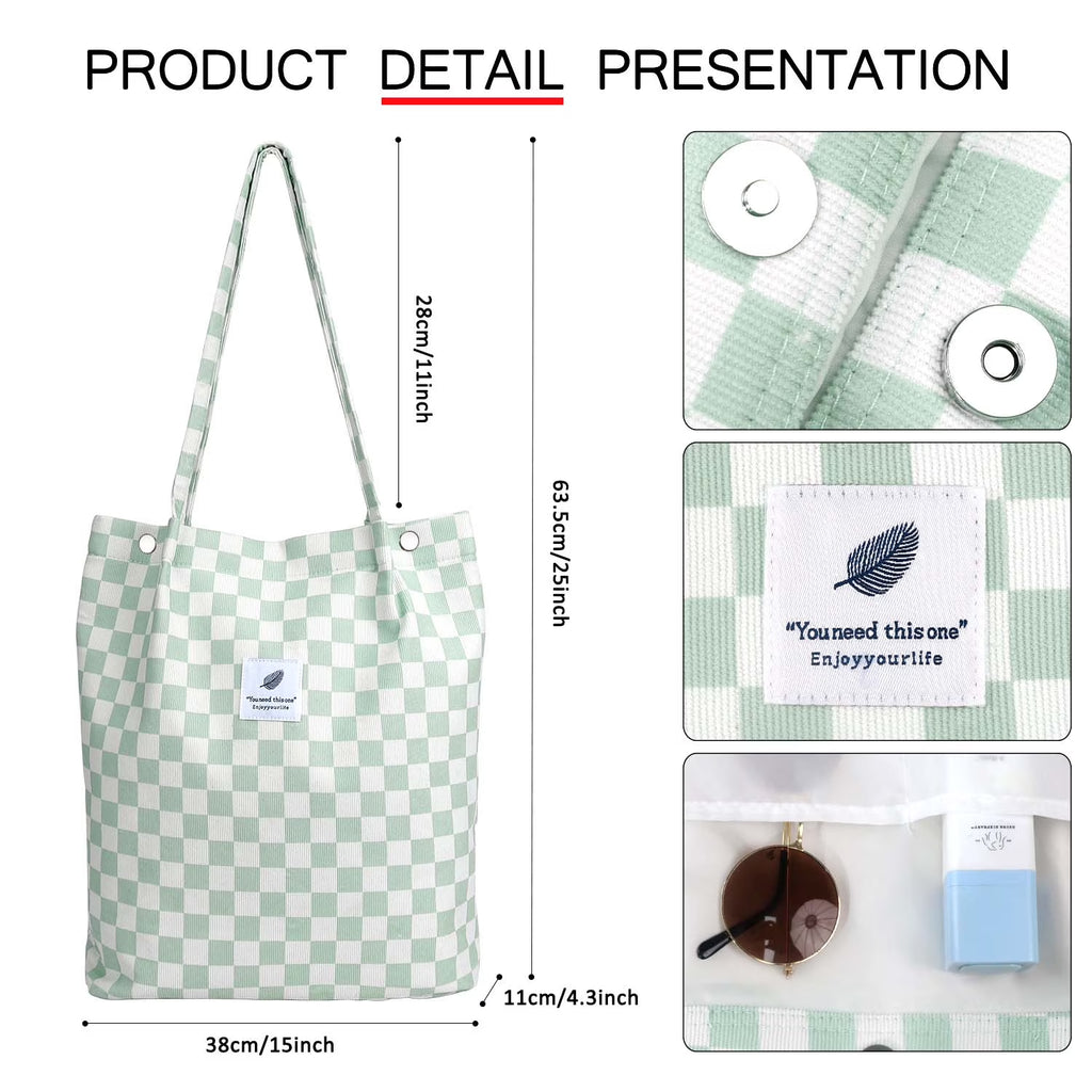 Corduroy Tote Bag (Mint Green Grid)