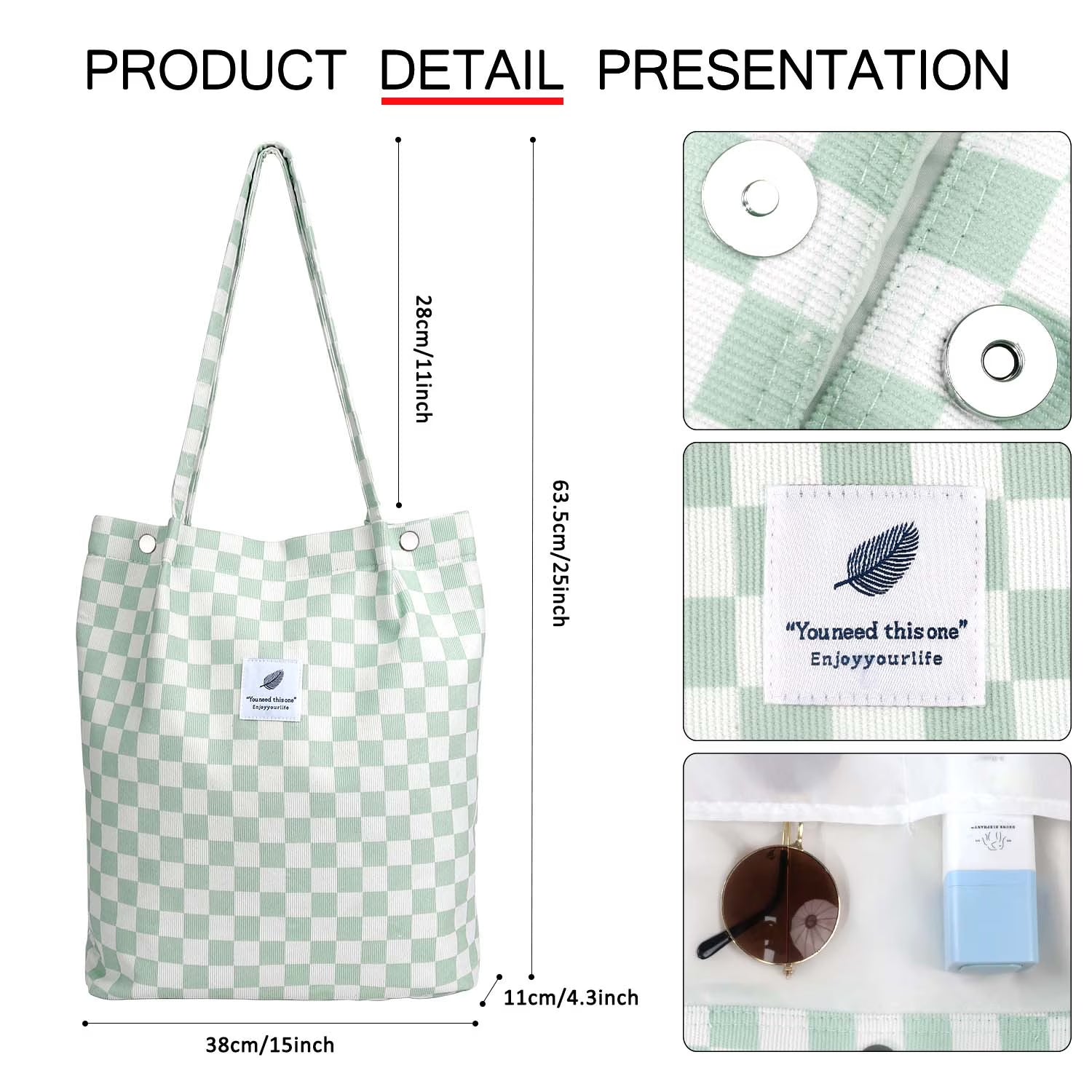Corduroy Tote Bag (Mint Green Grid)