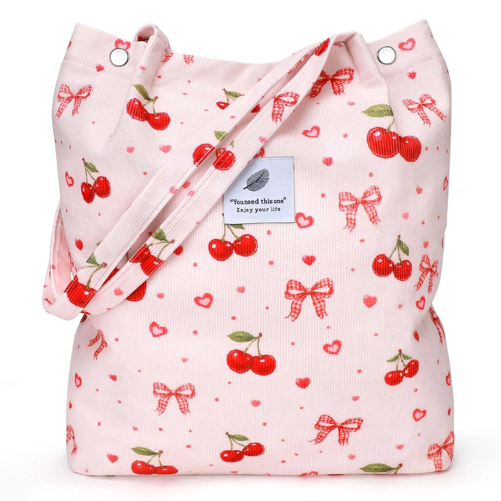 Corduroy Tote Bag(Cherry Bow)