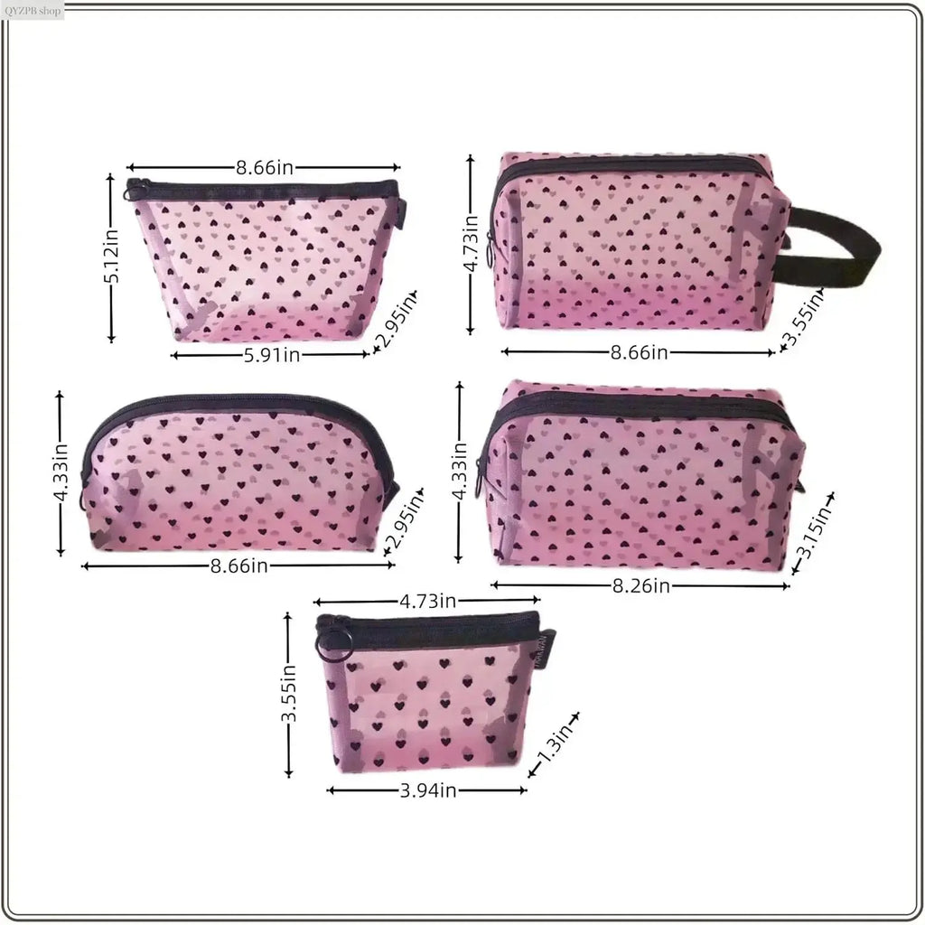 Women'S Casual Black-5 Pcs Makeup Bag Set, Clear Mesh Heart-Pattern Cosmetic Organizer Pouches, Zippered Lightweight Purse Accessories - inside Girly Purse Storage for Bathroom, Travel