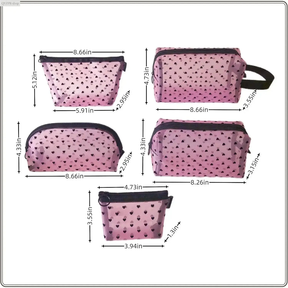 Women'S Casual Black-5 Pcs Makeup Bag Set, Clear Mesh Heart-Pattern Cosmetic Organizer Pouches, Zippered Lightweight Purse Accessories - inside Girly Purse Storage for Bathroom, Travel
