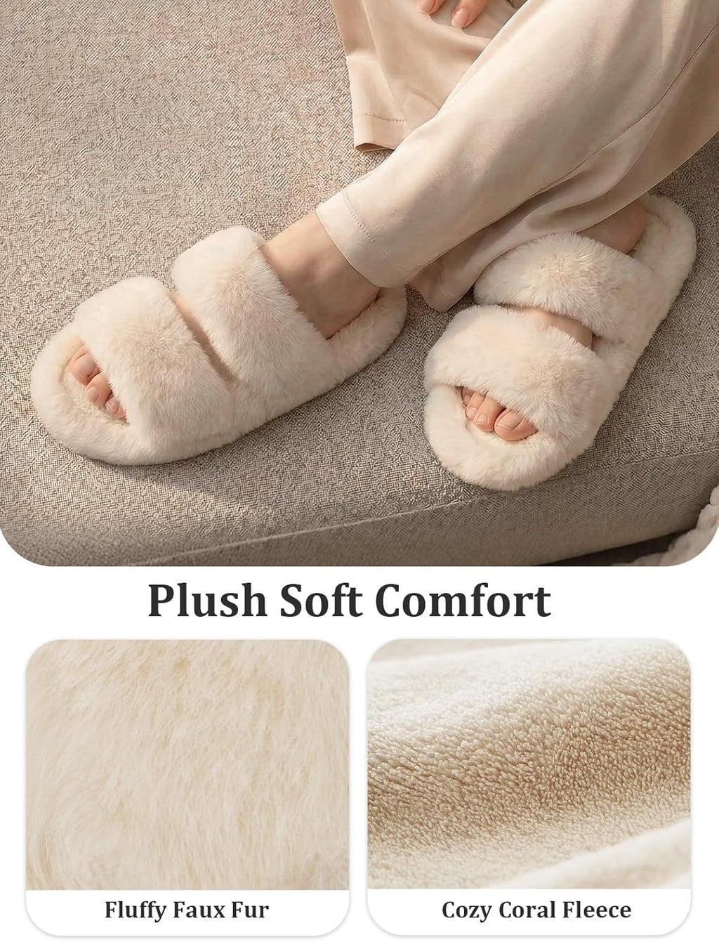 Women'S Fluffy Faux Fur Slippers Comfy Open Toe Two Band Slides with Fleece Lining and Rubber Sole