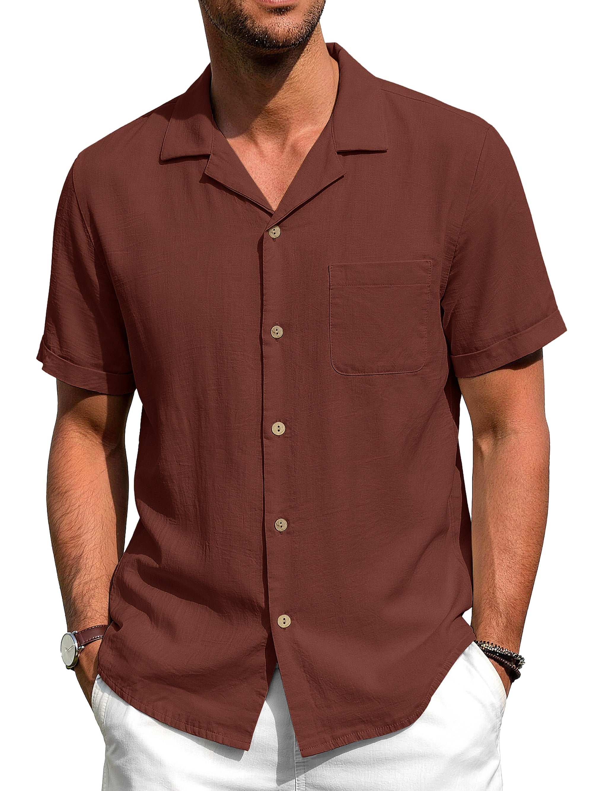 Men Linen Shirts Casual Short Sleeve Button down Shirts for Men Beach Tops with Pocket