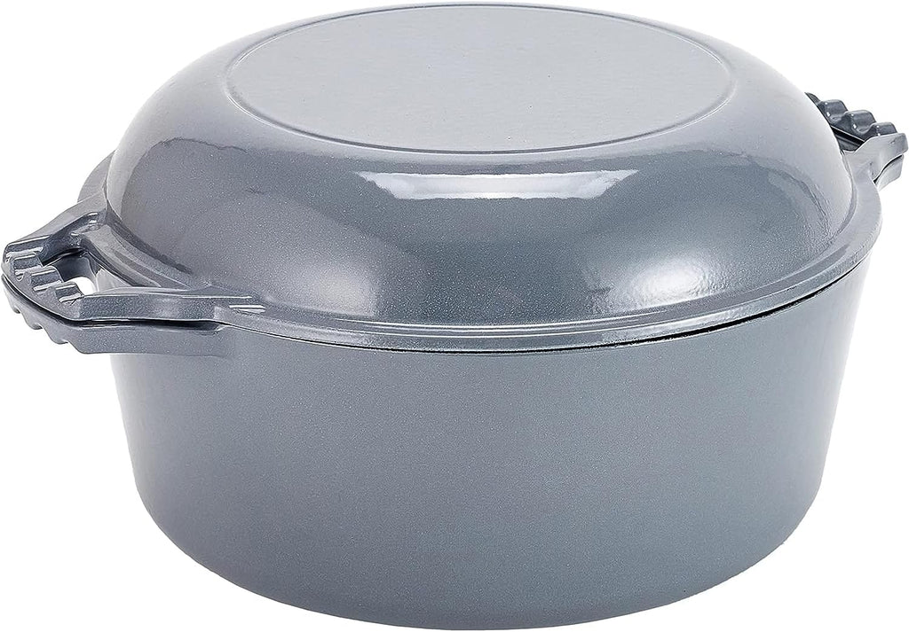2-In-1 Enamel Cast Iron Dutch Oven with Handles - Crock Pot Grey Cast Iron Pot with Skillet Lid - All-In-One Cookware Braising Pan for Casserole Dish - 7 Quart, Grey