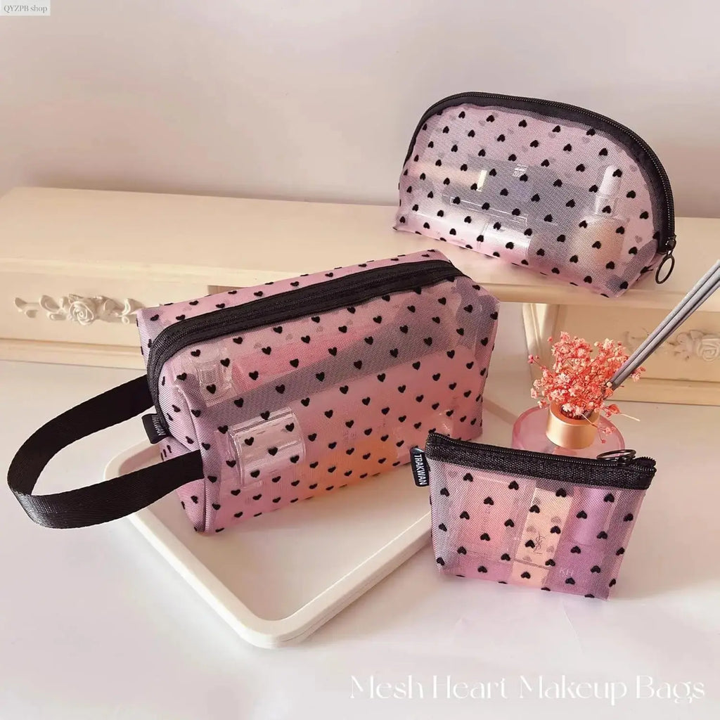 Women'S Casual Black-5 Pcs Makeup Bag Set, Clear Mesh Heart-Pattern Cosmetic Organizer Pouches, Zippered Lightweight Purse Accessories - inside Girly Purse Storage for Bathroom, Travel