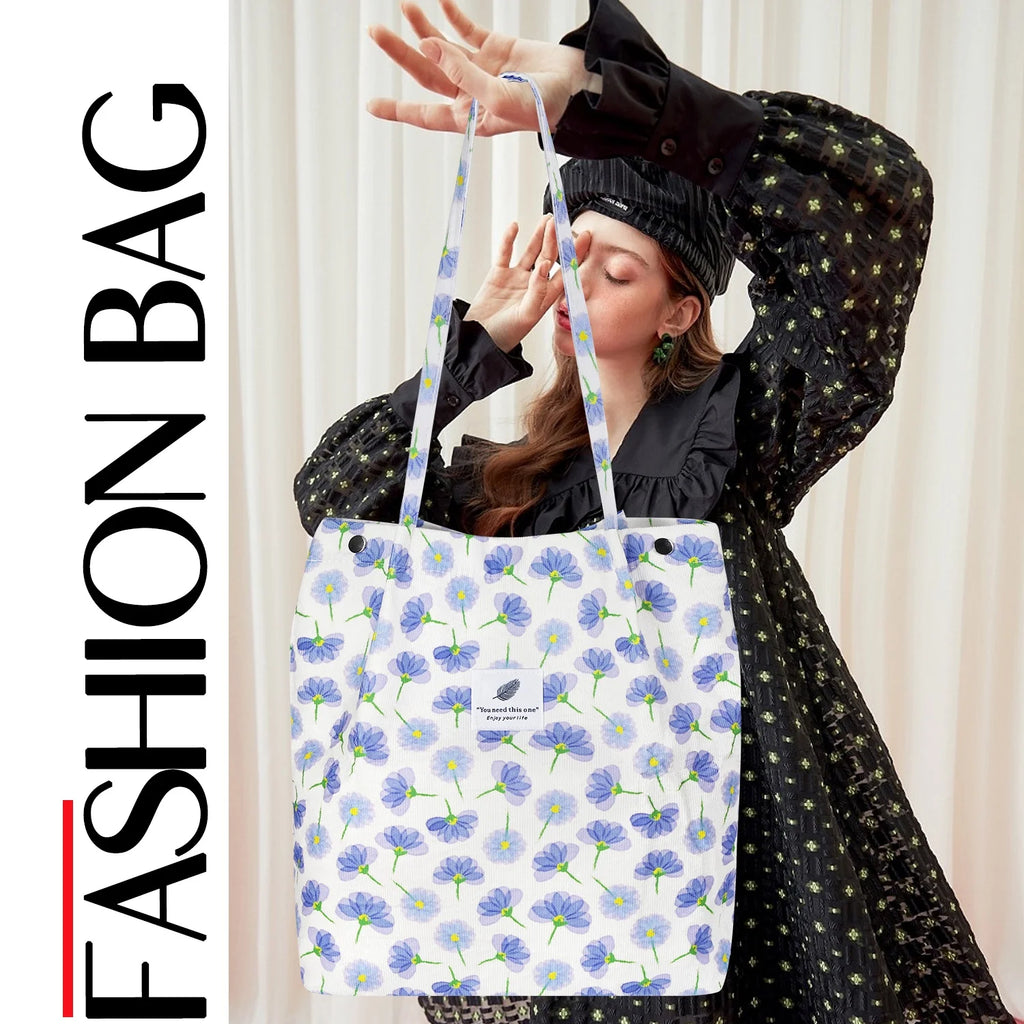 Corduroy Tote Bag (Blue Floral)