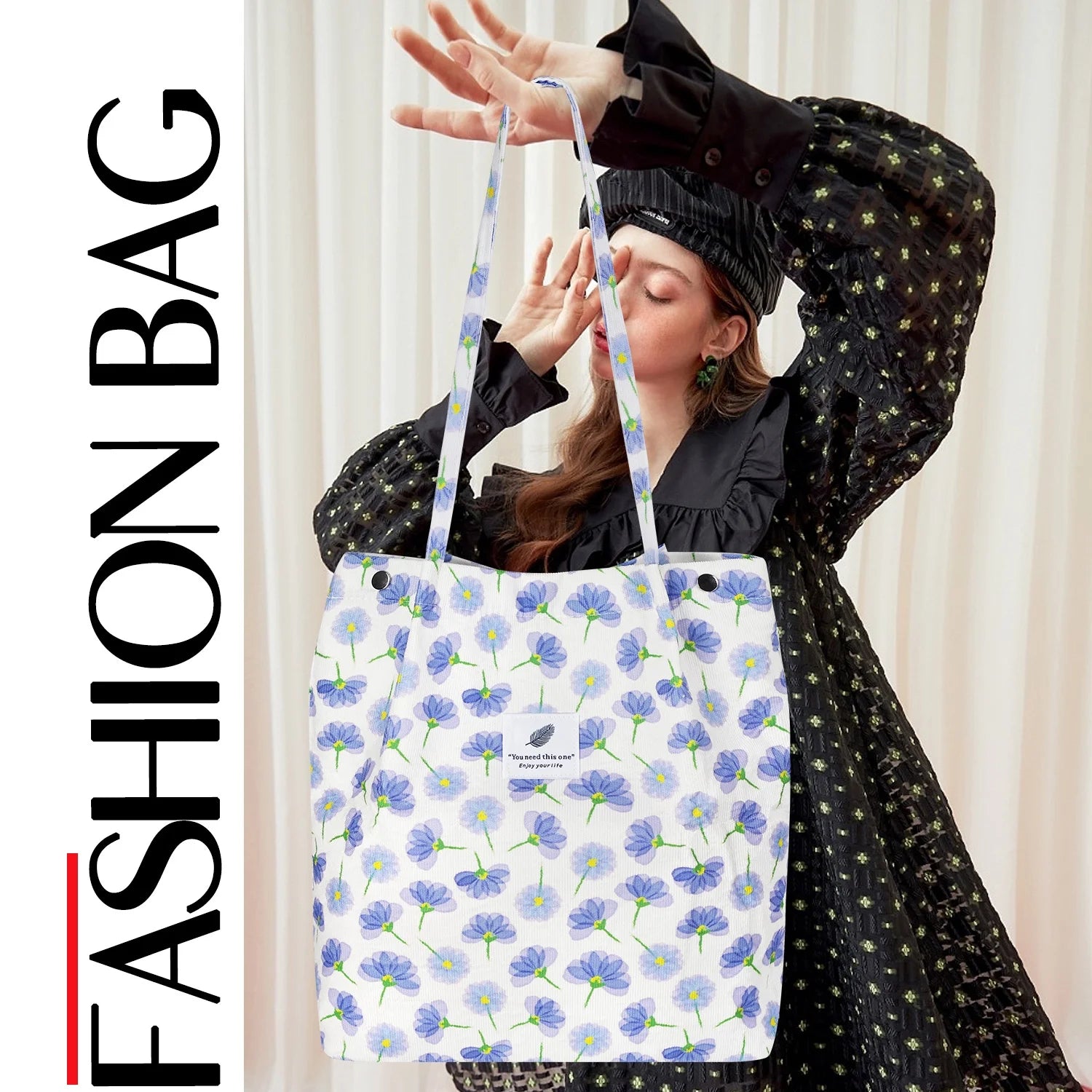 Corduroy Tote Bag (Blue Floral)