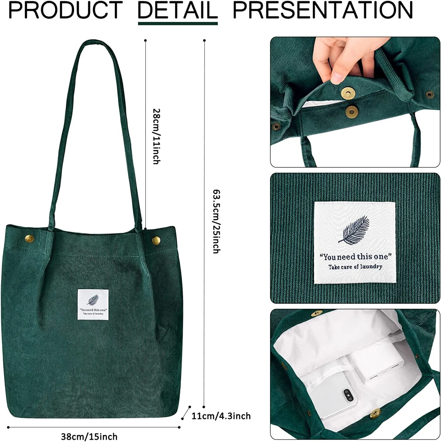 Corduroy Tote Bag with Inner Pocket Large (Green)