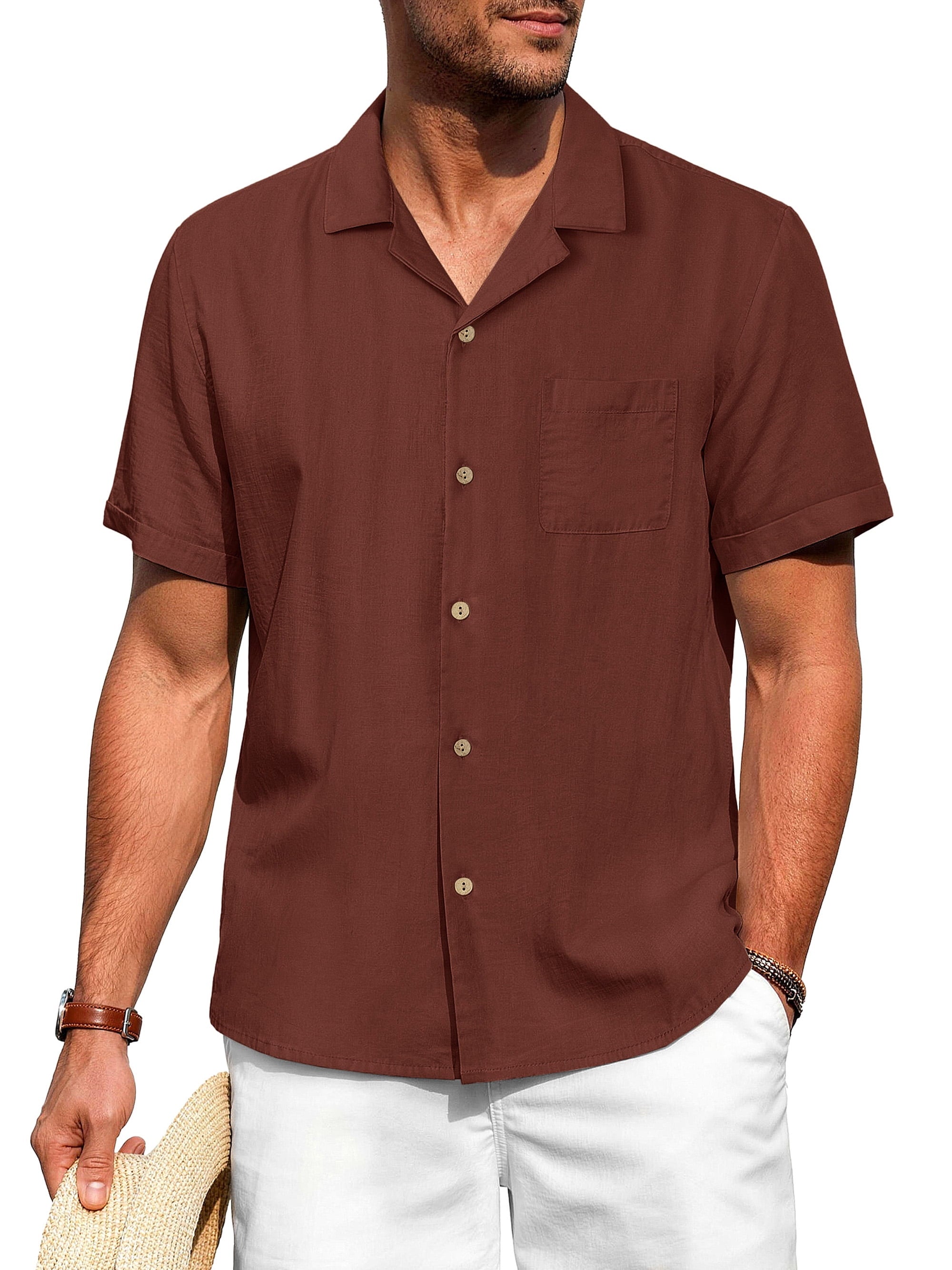 Men Linen Shirts Casual Short Sleeve Button down Shirts for Men Beach Tops with Pocket