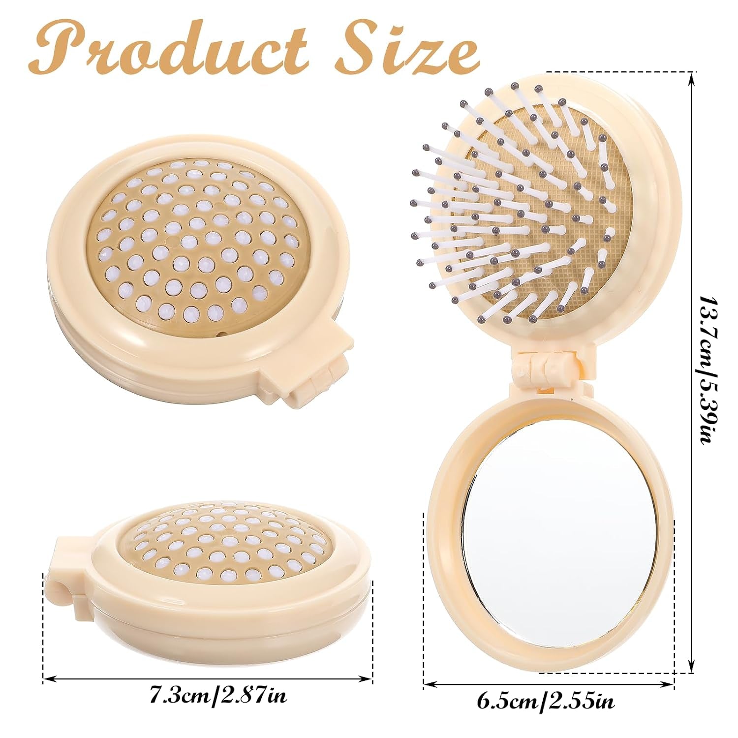 Mini Hair Brush with Mirror Travel Size (Beige)