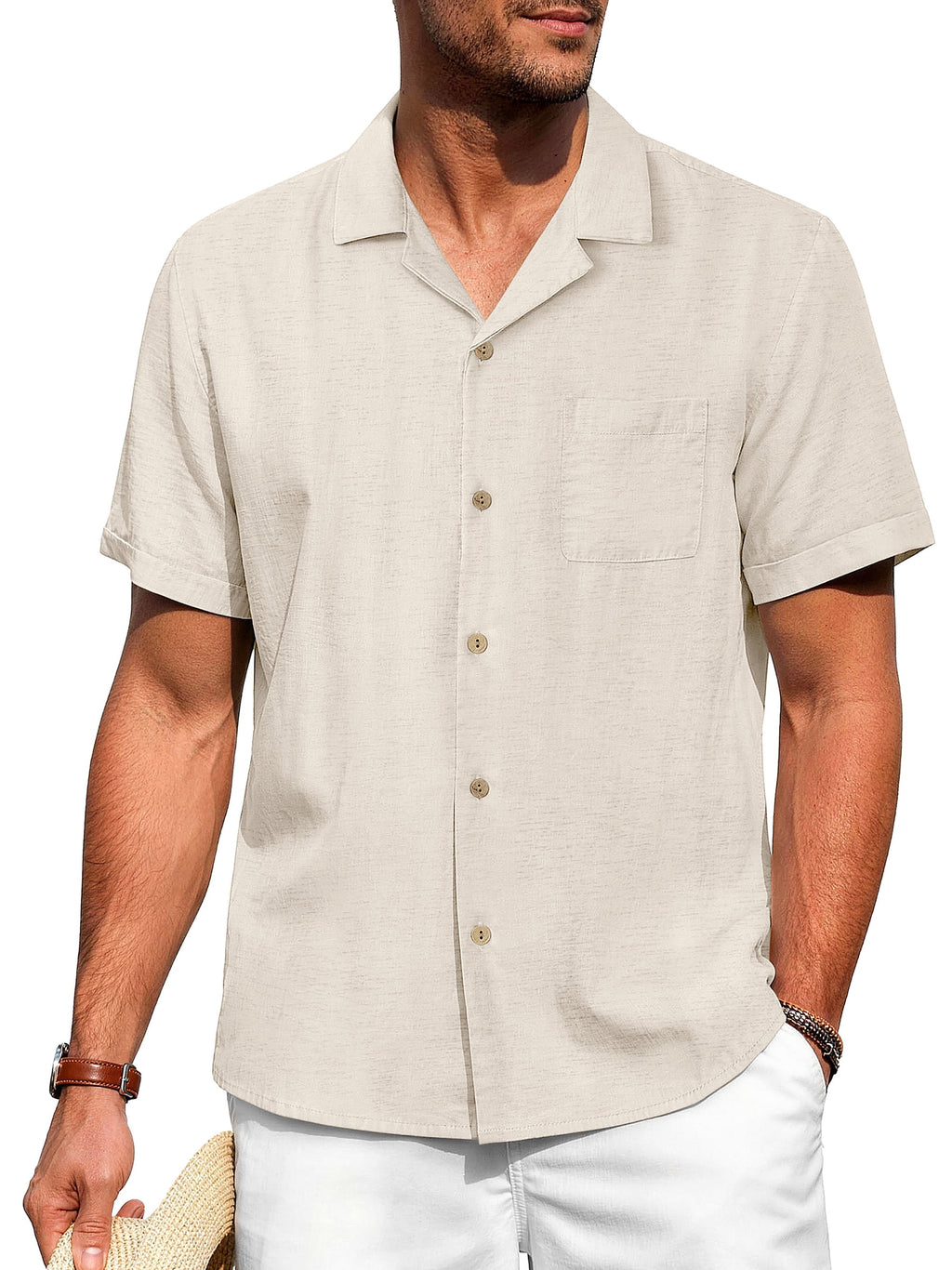 Men Linen Shirts Casual Short Sleeve Button down Shirts for Men Beach Tops with Pocket
