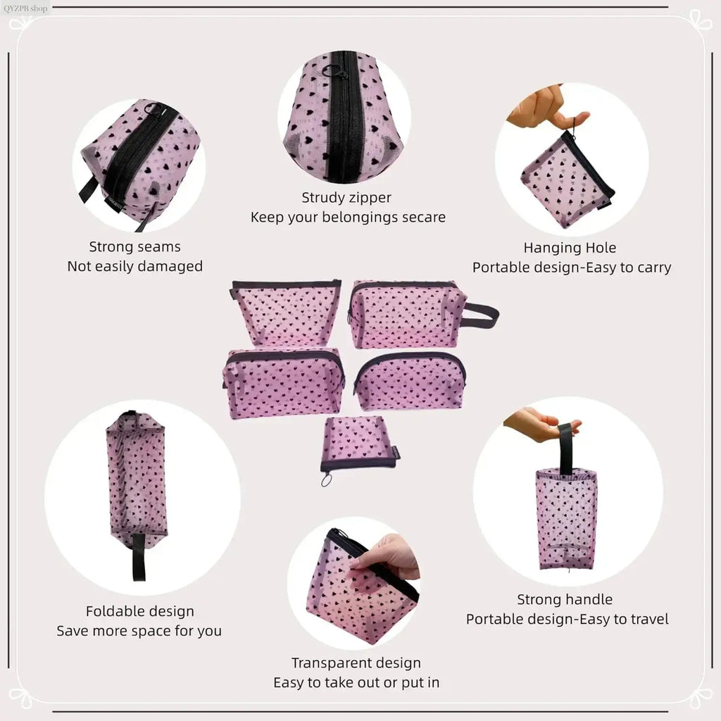 Women'S Casual Black-5 Pcs Makeup Bag Set, Clear Mesh Heart-Pattern Cosmetic Organizer Pouches, Zippered Lightweight Purse Accessories - inside Girly Purse Storage for Bathroom, Travel