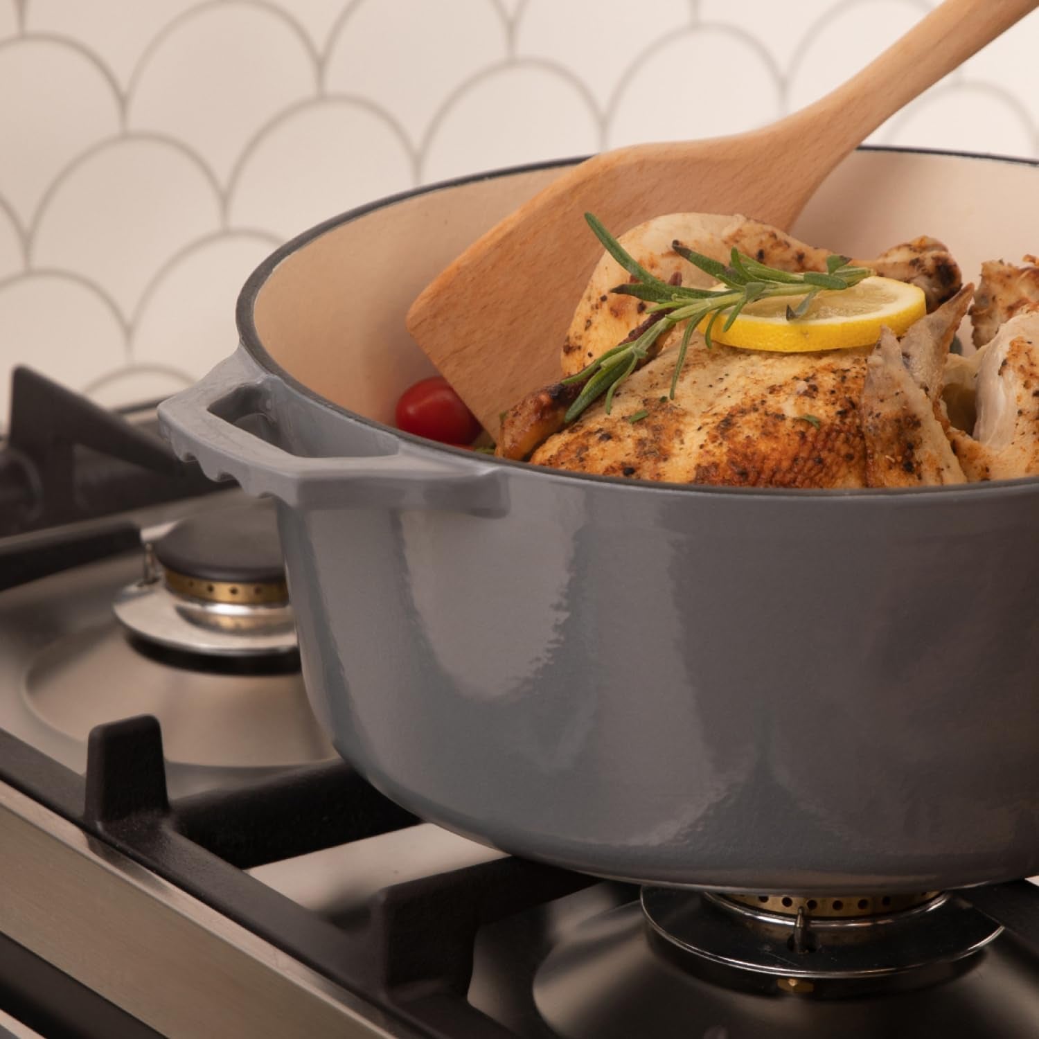 2-In-1 Enamel Cast Iron Dutch Oven with Handles - Crock Pot Grey Cast Iron Pot with Skillet Lid - All-In-One Cookware Braising Pan for Casserole Dish - 7 Quart, Grey