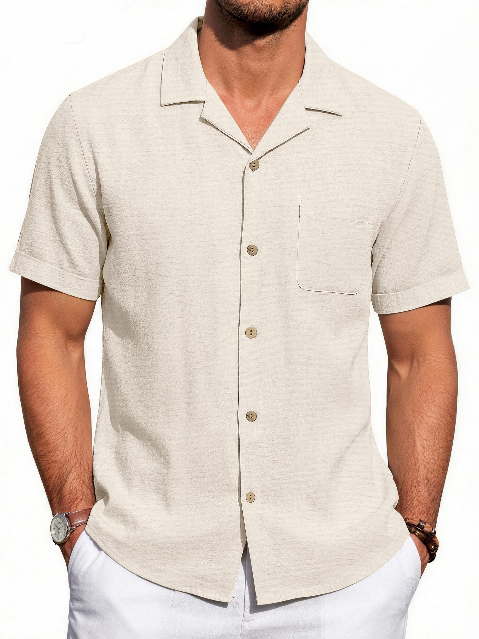 Men Linen Shirts Casual Short Sleeve Button down Shirts for Men Beach Tops with Pocket