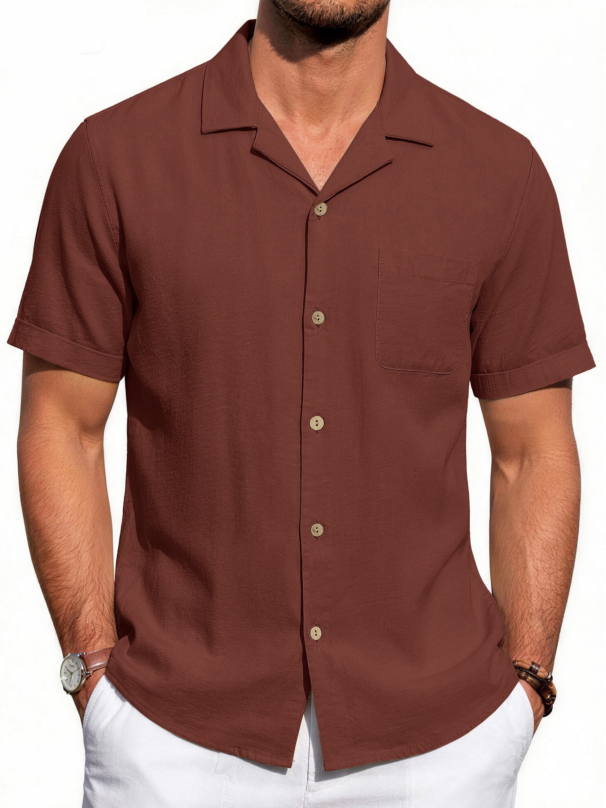 Men Linen Shirts Casual Short Sleeve Button down Shirts for Men Beach Tops with Pocket
