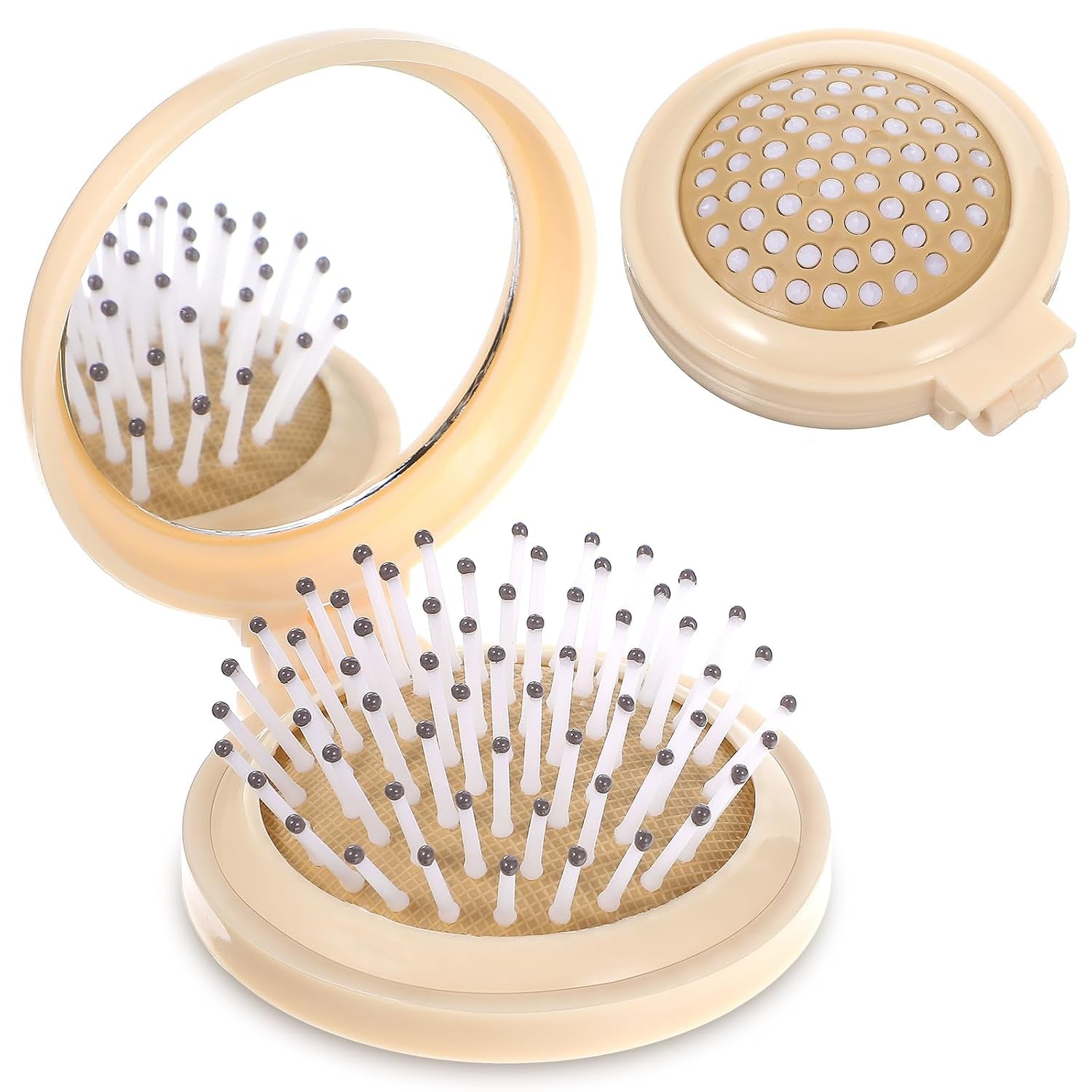 Mini Hair Brush with Mirror Travel Size (Beige)