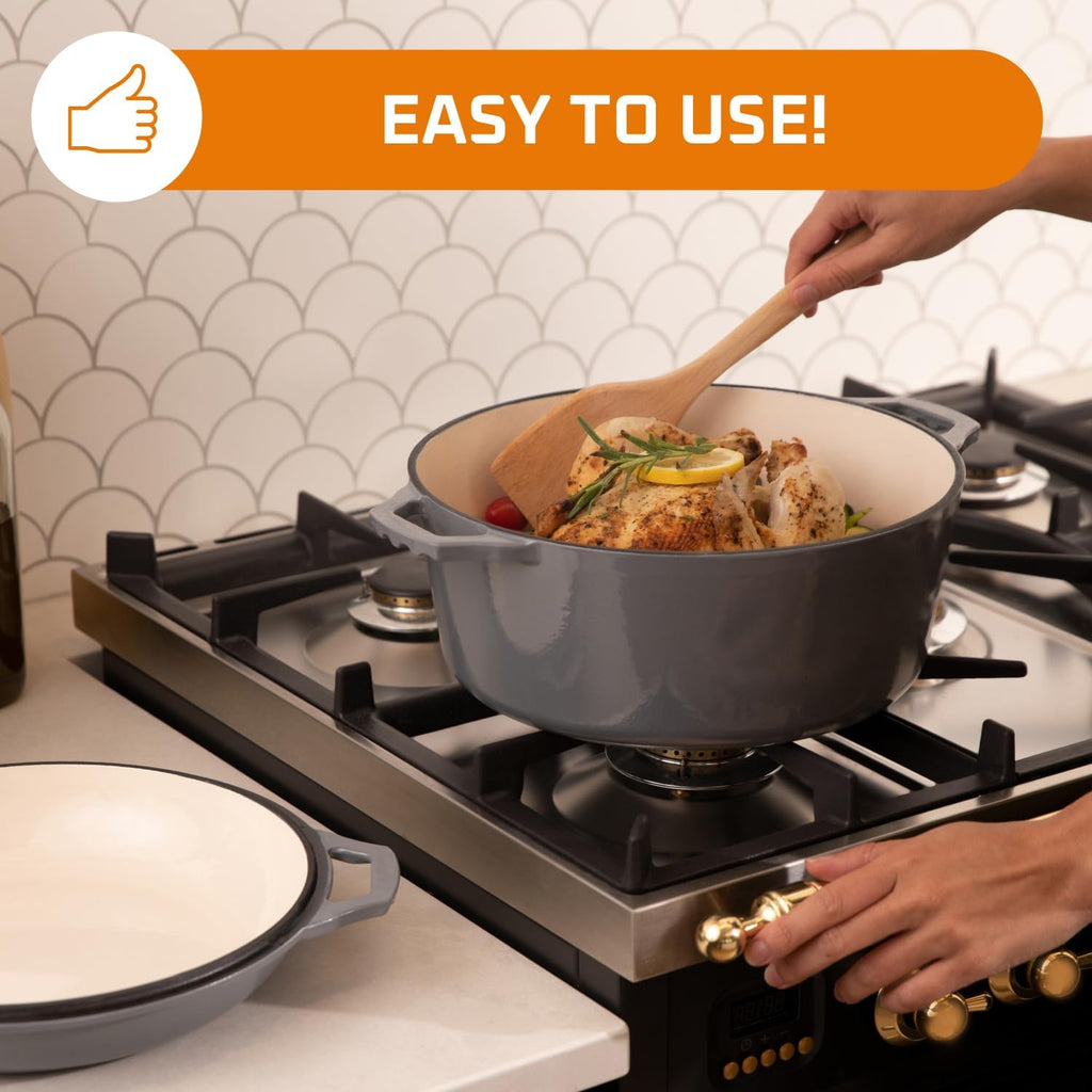 2-In-1 Enamel Cast Iron Dutch Oven with Handles - Crock Pot Grey Cast Iron Pot with Skillet Lid - All-In-One Cookware Braising Pan for Casserole Dish - 7 Quart, Grey