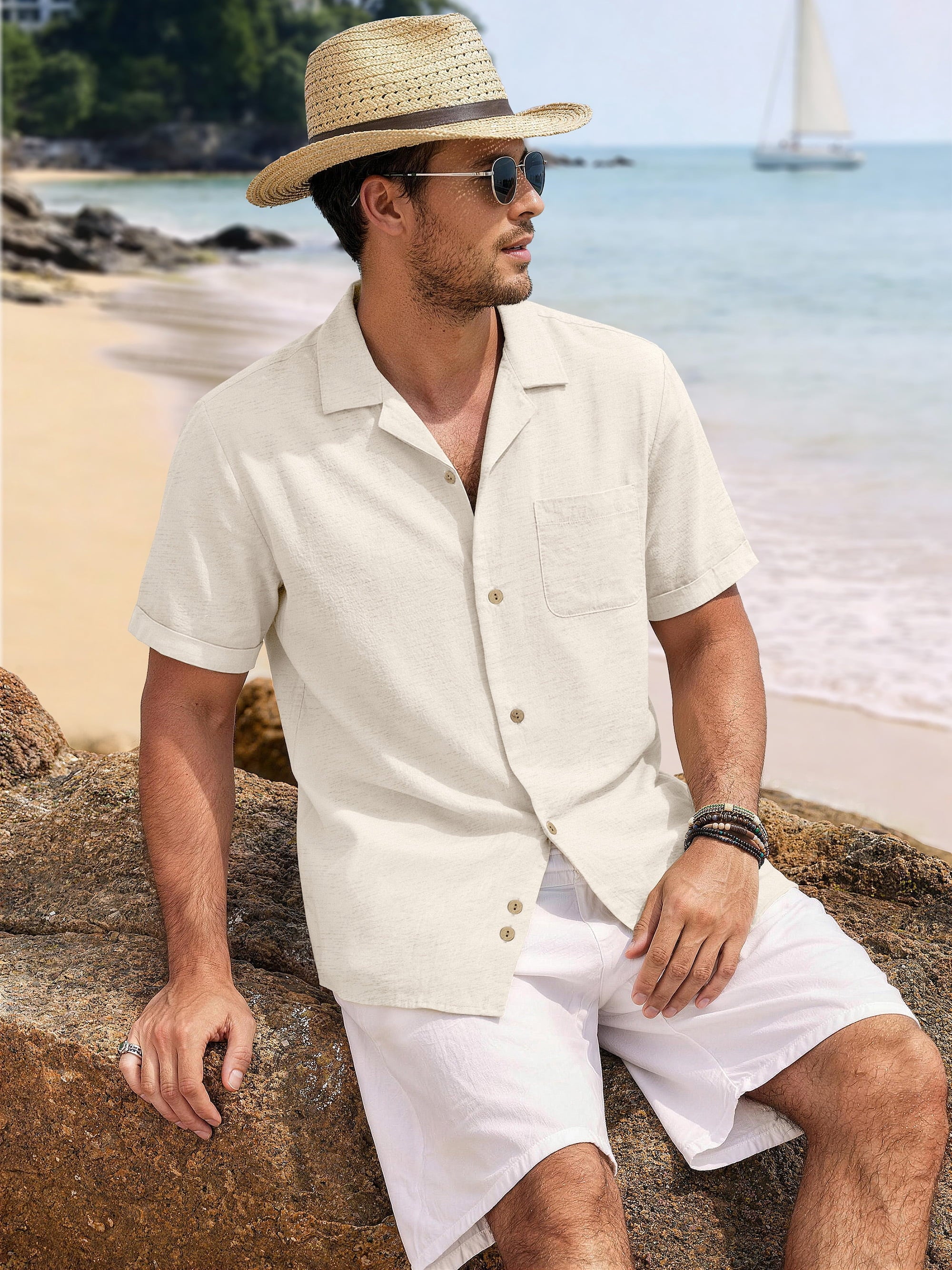 Men Linen Shirts Casual Short Sleeve Button down Shirts for Men Beach Tops with Pocket