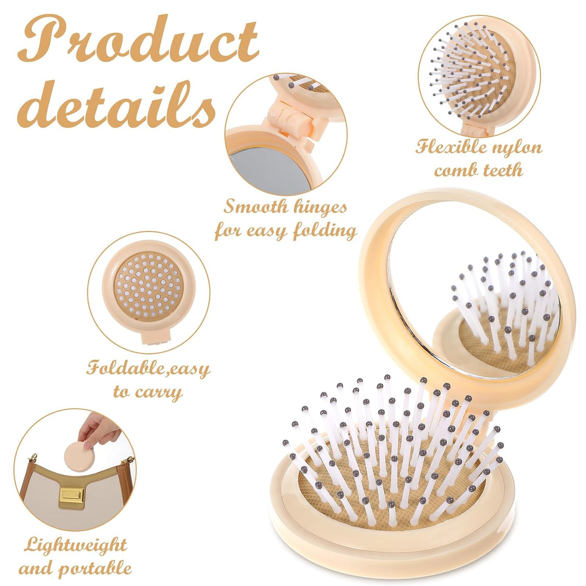 Mini Hair Brush with Mirror Travel Size (Beige)