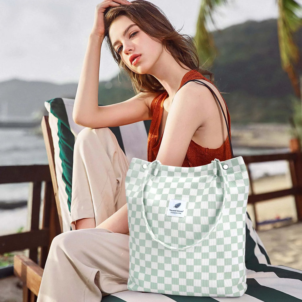 Corduroy Tote Bag (Mint Green Grid)