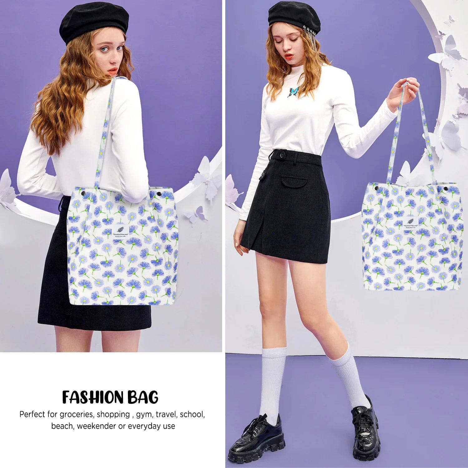 Corduroy Tote Bag (Blue Floral)