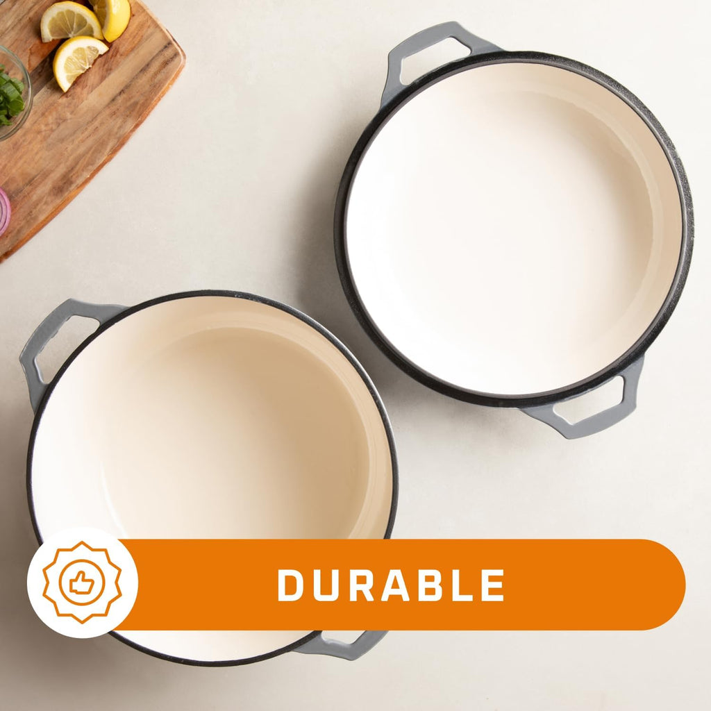 2-In-1 Enamel Cast Iron Dutch Oven with Handles - Crock Pot Grey Cast Iron Pot with Skillet Lid - All-In-One Cookware Braising Pan for Casserole Dish - 7 Quart, Grey