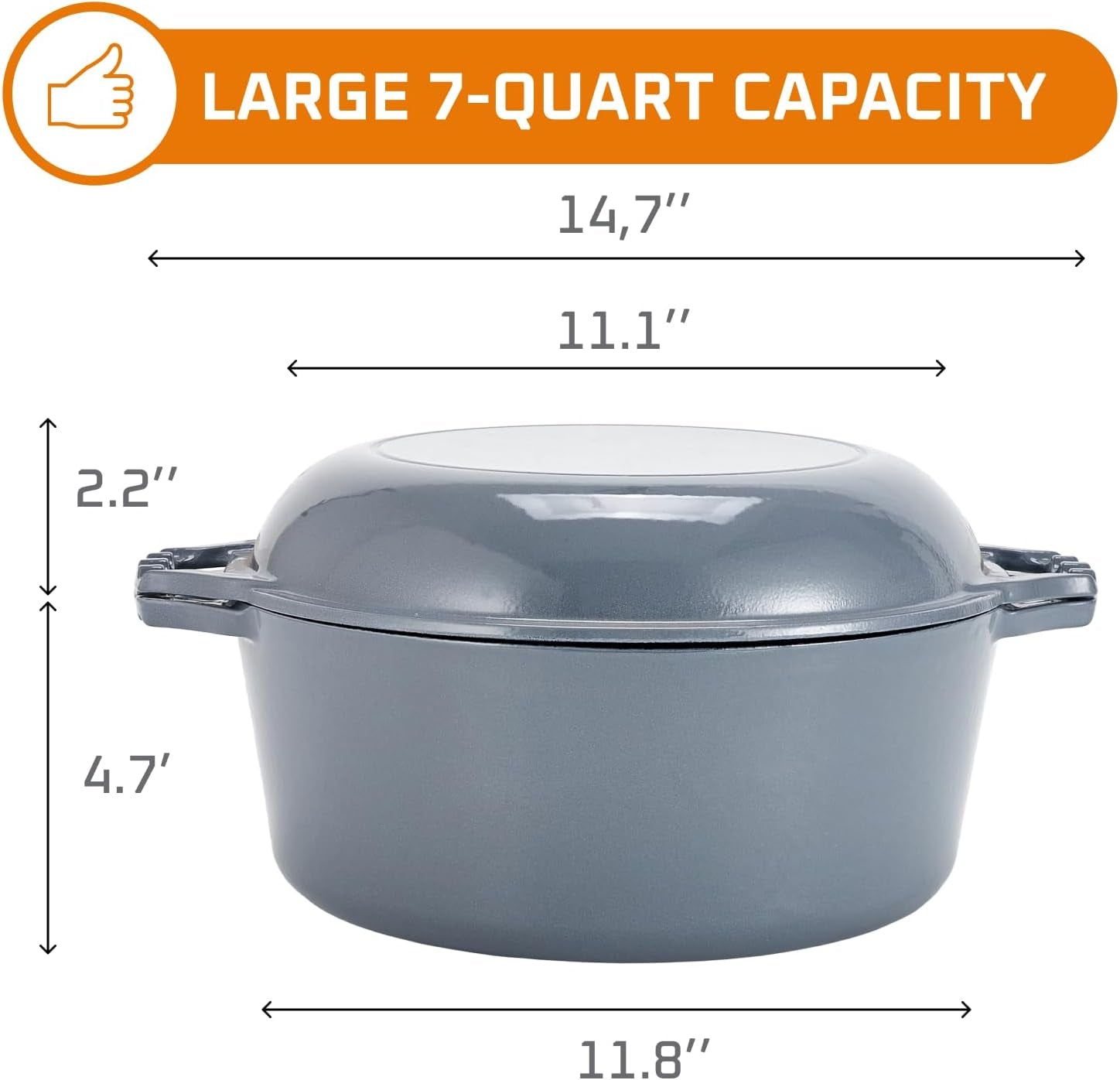 2-In-1 Enamel Cast Iron Dutch Oven with Handles - Crock Pot Grey Cast Iron Pot with Skillet Lid - All-In-One Cookware Braising Pan for Casserole Dish - 7 Quart, Grey